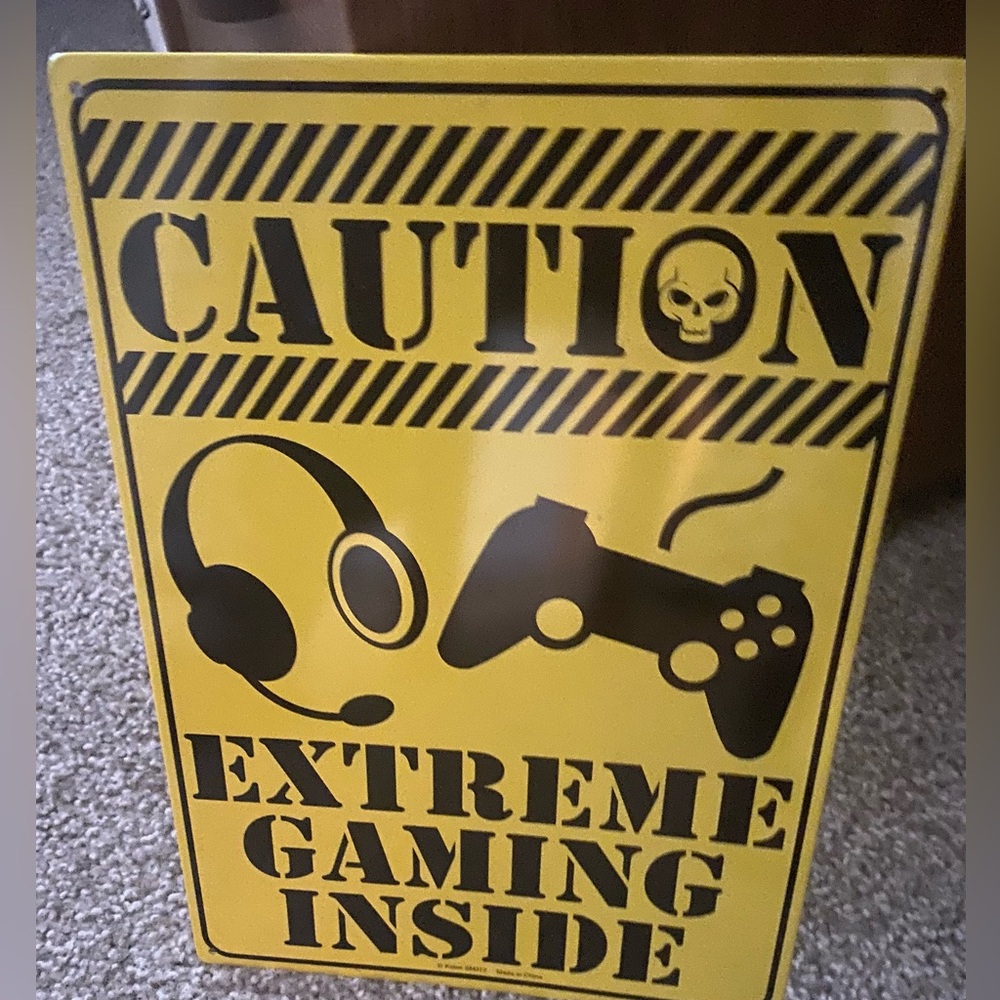 Metal Tin Sign For Door “Caution Extreme Gaming Inside” Yellow And Black.
